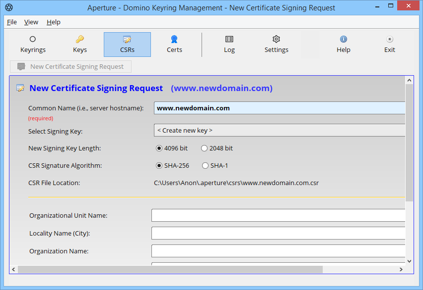 Create new certificate signing request